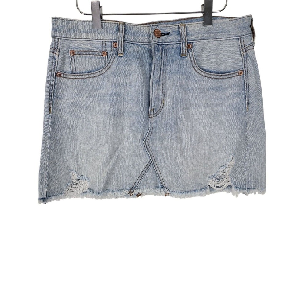 American Eagle‎ Denim Mini Skirt 8 Womens Light Wash Raw Hem Pockets Distressed